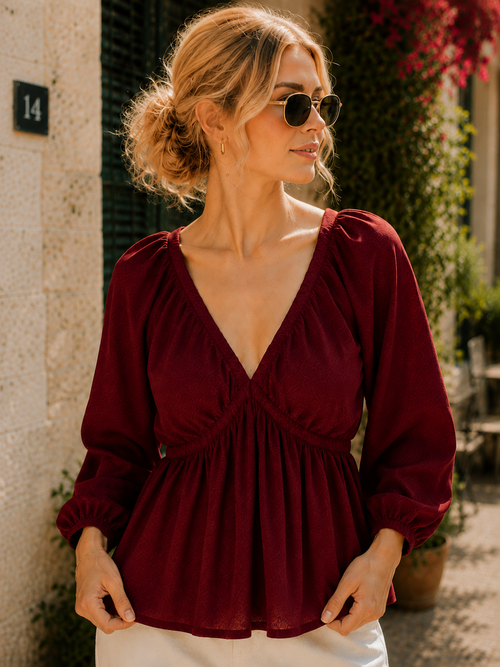 Kadın Bordo V Yaka Bağlama Detaylı Balon Kollu Dokuma Bluz CM26BZ00399