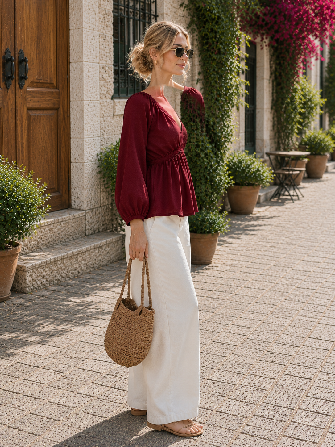 Kadın Bordo V Yaka Bağlama Detaylı Balon Kollu Dokuma Bluz CM26BZ00399