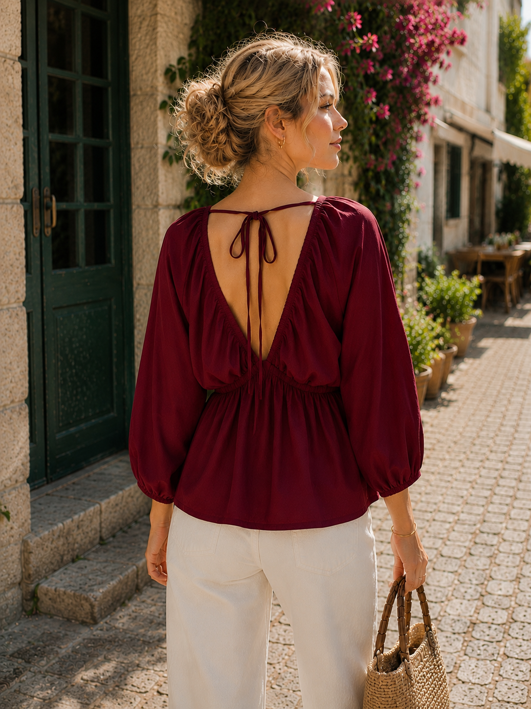 Kadın Bordo V Yaka Bağlama Detaylı Balon Kollu Dokuma Bluz CM26BZ00399