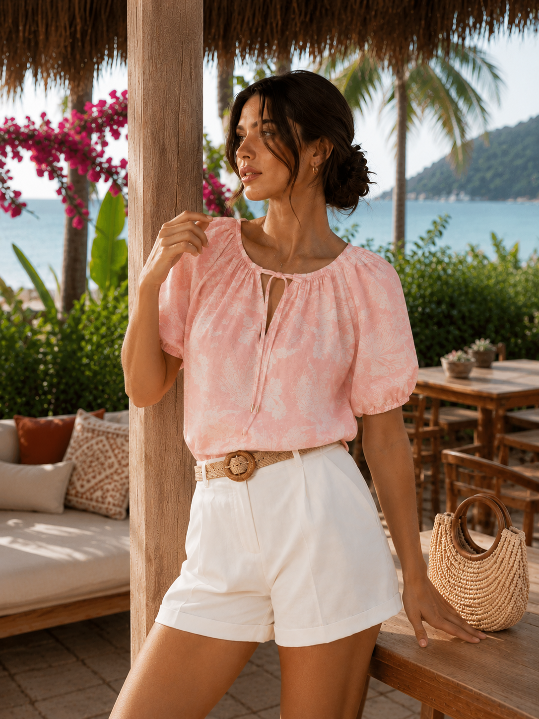 Pembe Desenli Rahat Kalıp Dokuma Bluz CM26BZ00404