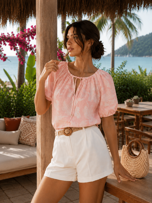 Pembe Desenli Rahat Kalıp Dokuma Bluz CM26BZ00404