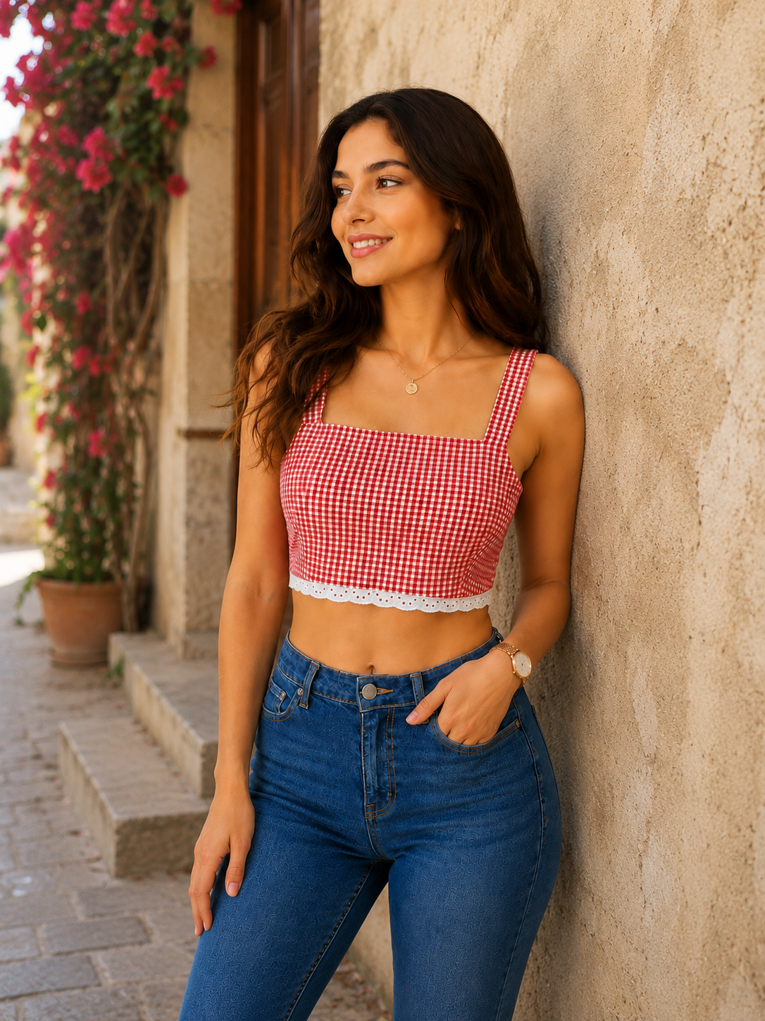 Kadın Kırmızı Pötikare Desenli Kare Yaka Askılı Crop Dokuma Bluz CM26BZ0979