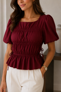 Kadın Bordo Kare Yaka Lastik Detaylı Bağlama Detaylı Dokuma Bluz CM26BZ09812