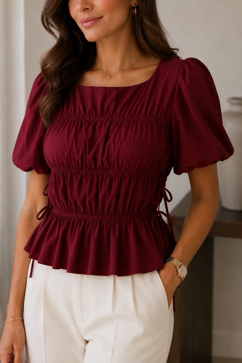 Kadın Bordo Kare Yaka Lastik Detaylı Bağlama Detaylı Dokuma Bluz CM26BZ09812