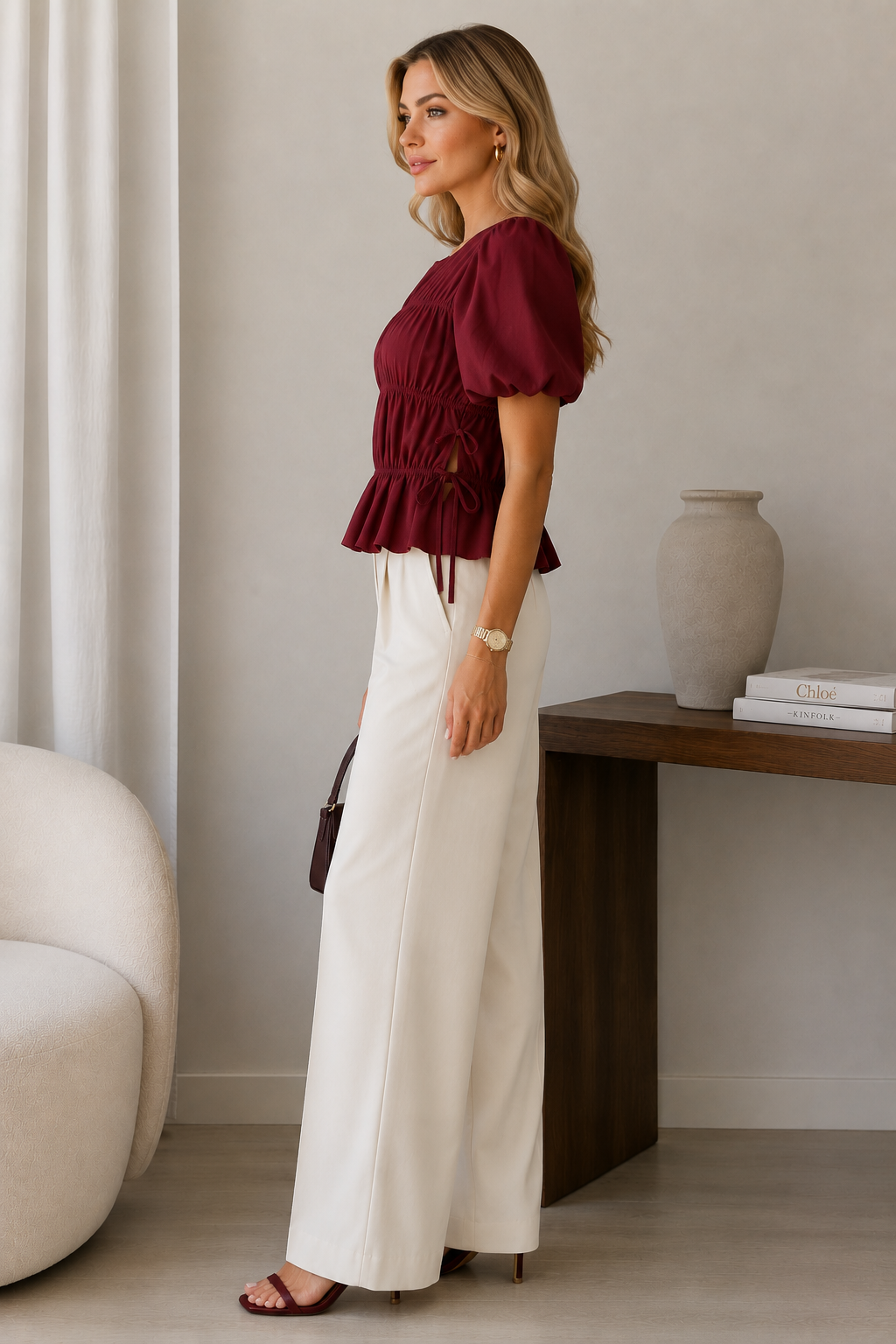 Kadın Bordo Kare Yaka Lastik Detaylı Bağlama Detaylı Dokuma Bluz CM26BZ09812