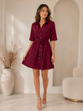 Kadın Bordo Gömlek Yaka Kuşaklı Mini Elbise CM26EL00173