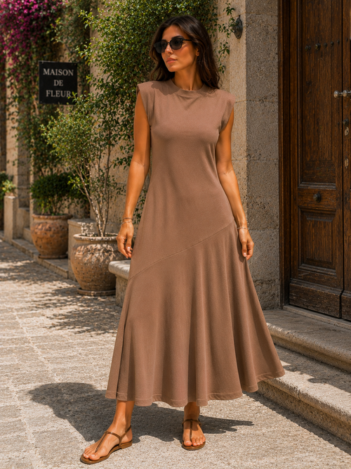 Kadın Kahverengi Kolsuz Bisiklet Yaka Midi Elbise CM26EL00678