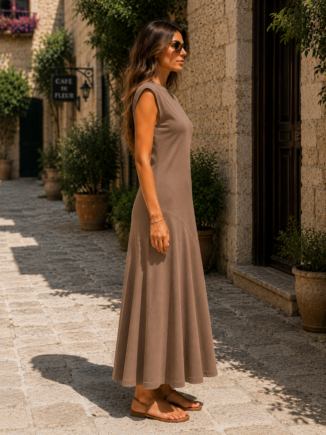 Kadın Kahverengi Kolsuz Bisiklet Yaka Midi Elbise CM26EL00678