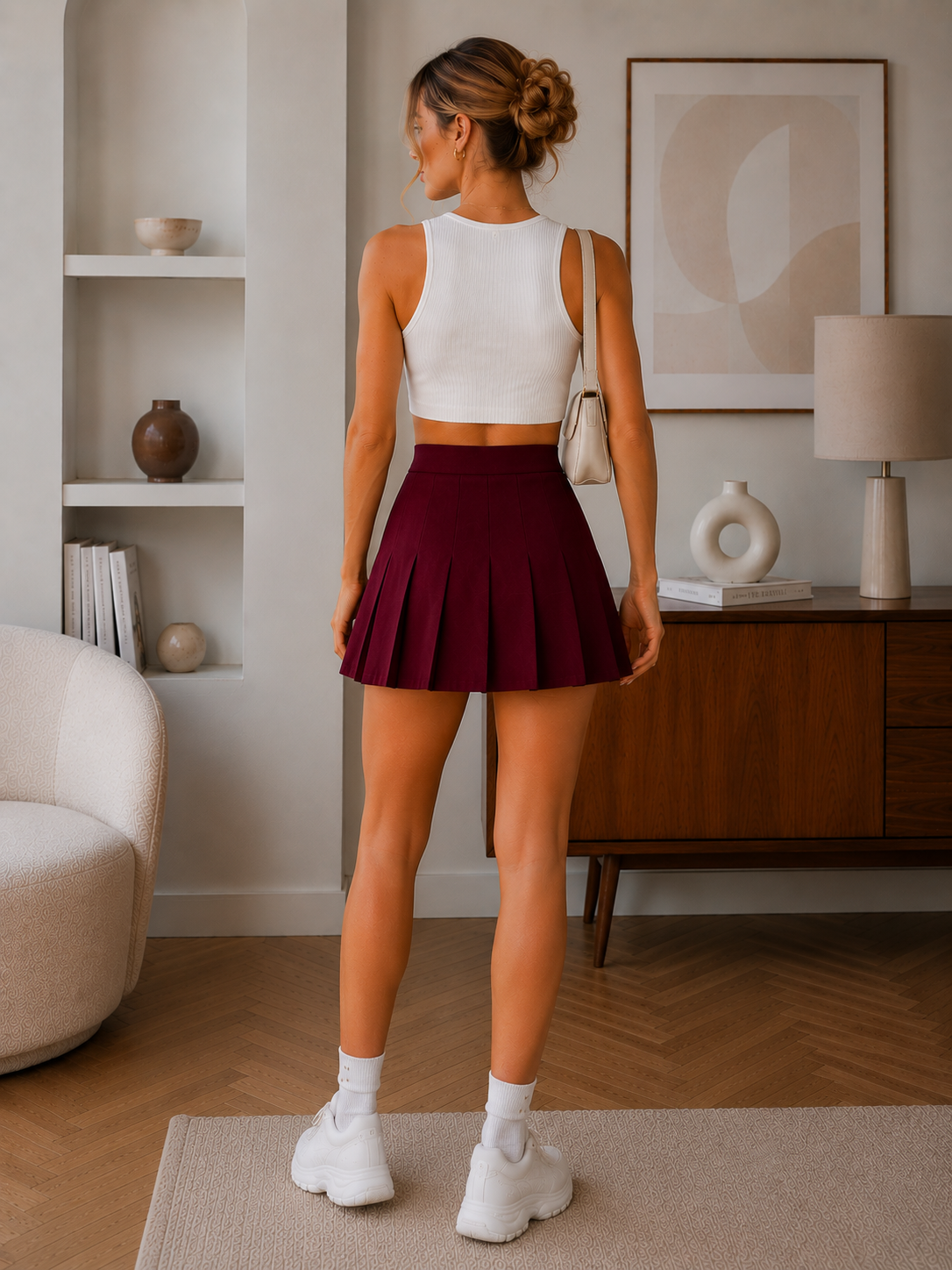 Kadın Yüksek Bel Pileli Bordo Mini Dokuma Etek CM26ET00002