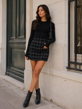Kadın Yüksek Bel Ekose Desenli Siyah Mini Dokuma Etek CM26ET00007