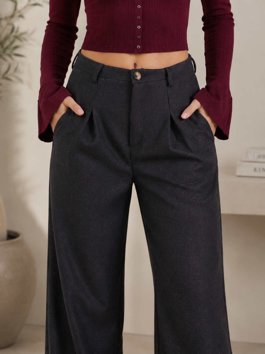 Kadın Yüksek Bel Pileli Geniş Paça Antrasit Dokuma Pantolon CM26PL00002