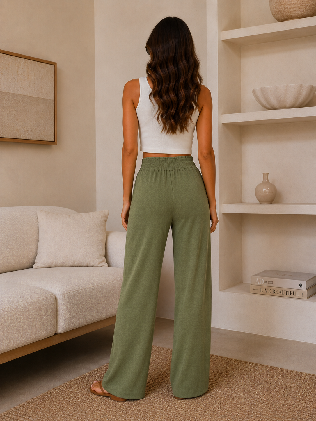 Kadın Haki Yüksek Bel Lastikli Dokuma Pantolon CM26PL00065
